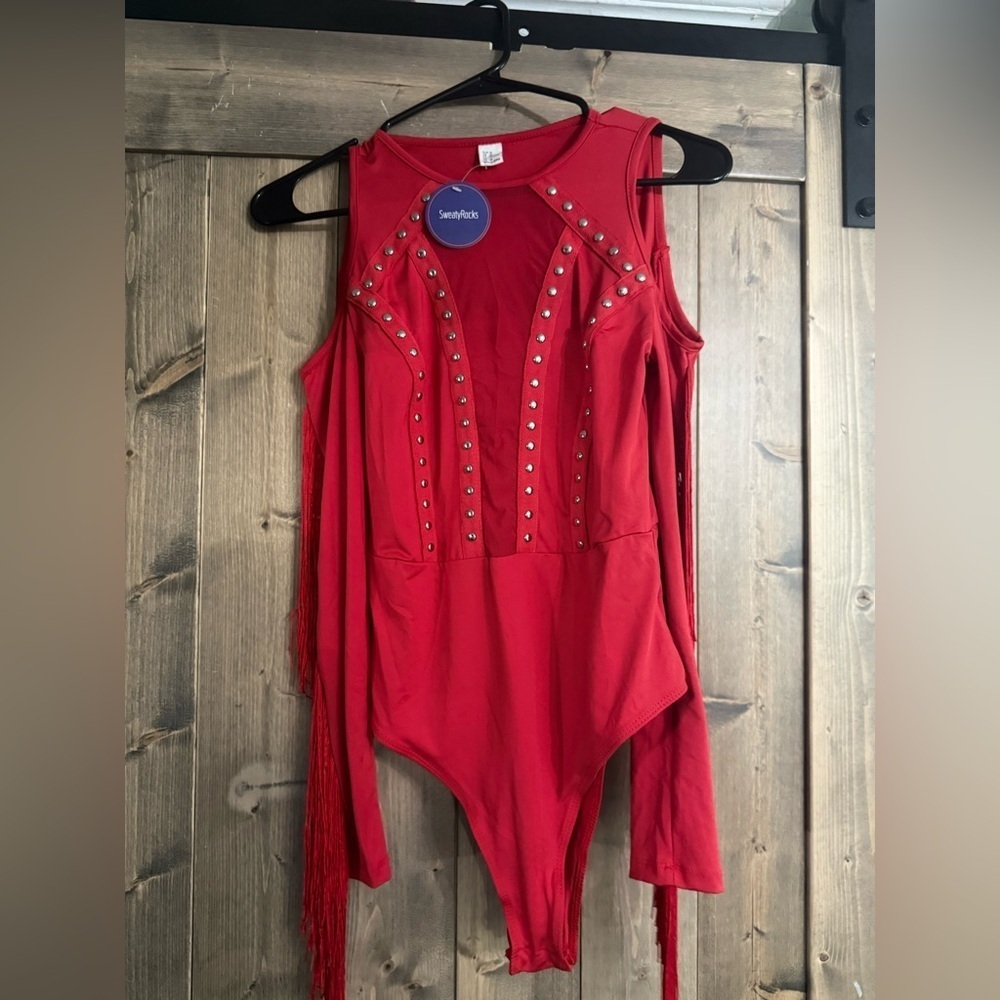 Simply Noelle Scarlet Studded Red Bodysuit with Fringe NWT